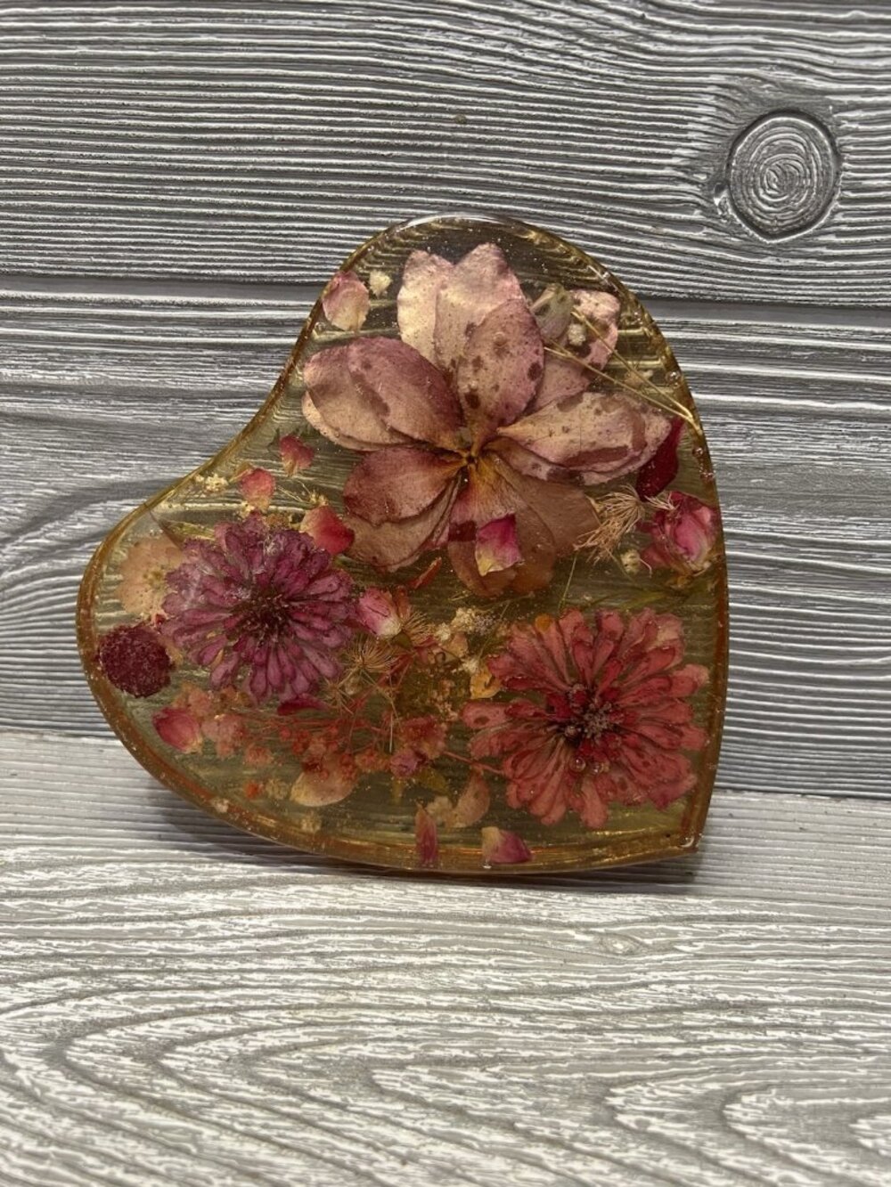 Vintage Lucite Heart with Pink Red Flowers Midcentury Floral Decor Paperweight